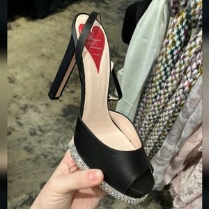 Roger Vivier Black Satin Peep-Toe Heels with Crystal Trim